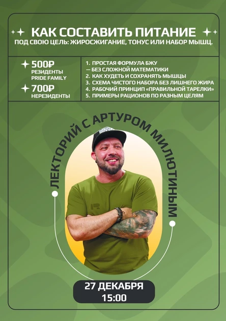 Лекция Артура Милютина. Как составить питание под свою цель: жиросжигание, тонус или набор мышц