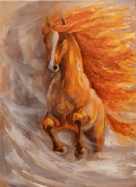 Рисуем маслом -  "Огненная лошадь мчит"